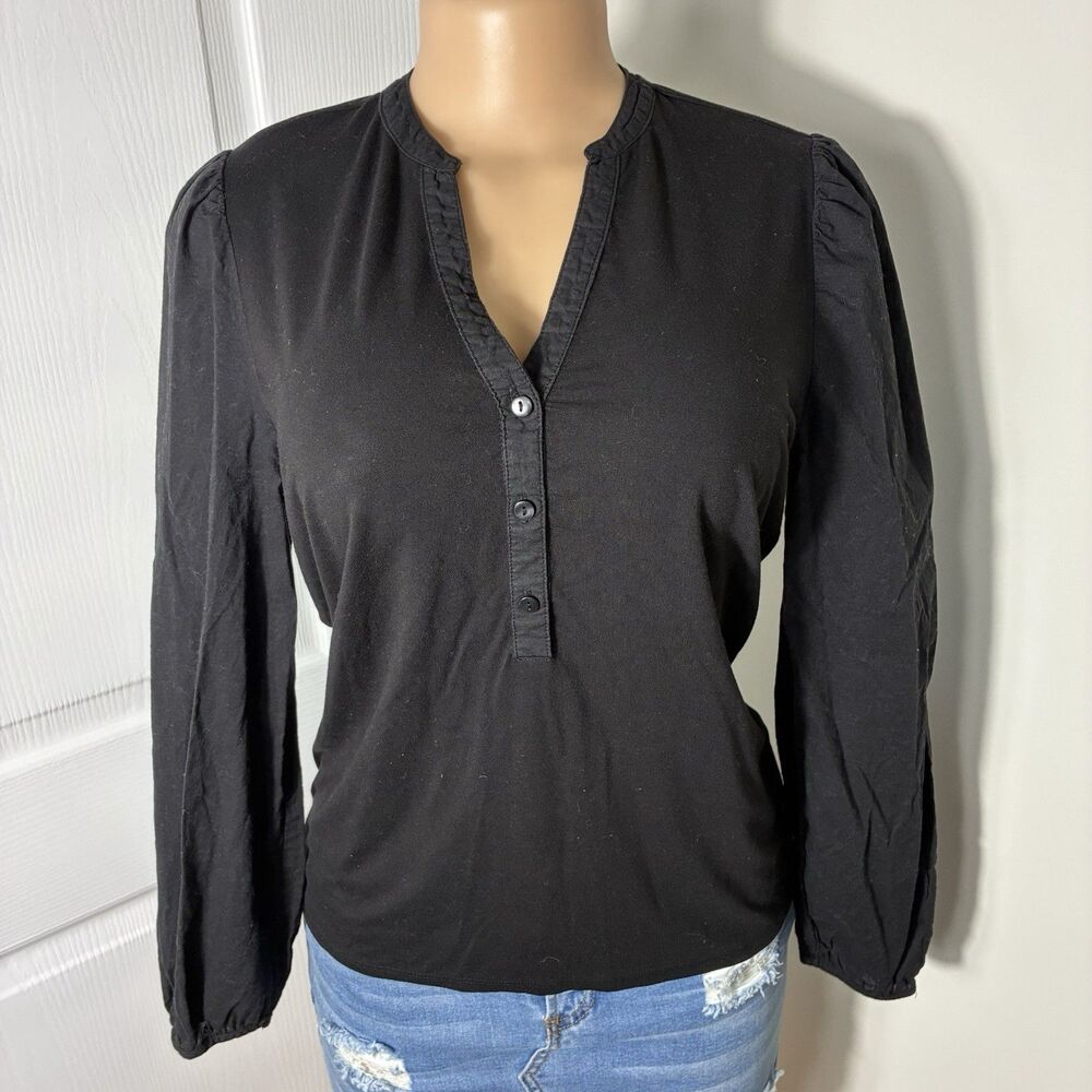 Calligraphie Women’s Blouse Sz Small Black Puffy Long Sleeve Front Buttons